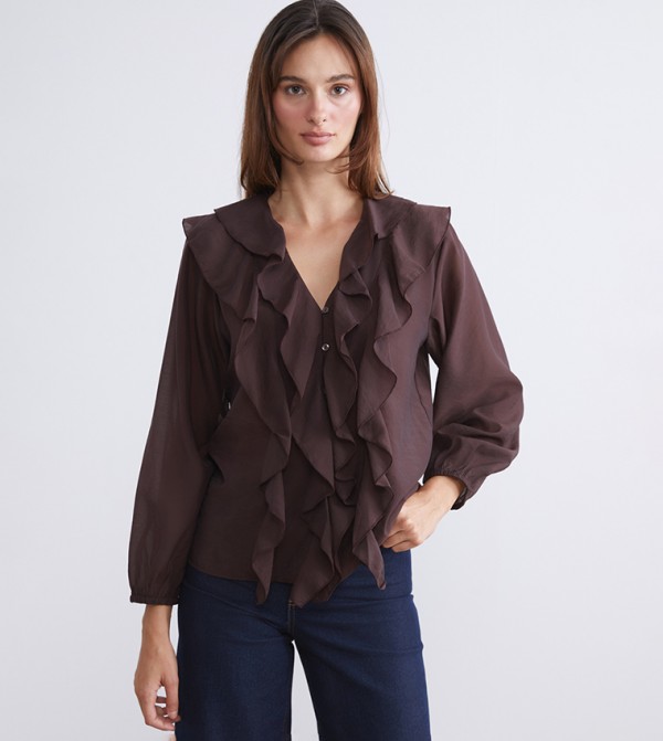 Ruffle Trim Balloon Sleeves Top