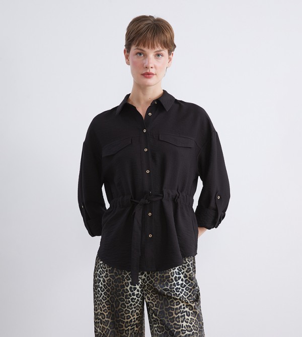 Solid Long Sleeves Belted Shirt