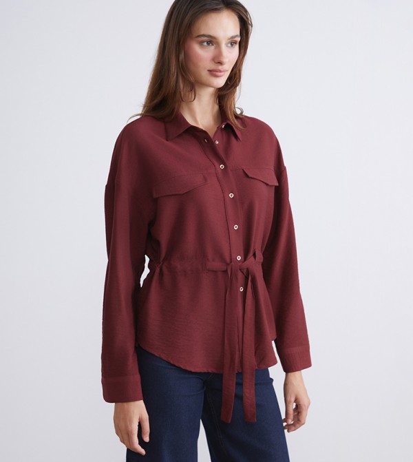 Solid Long Sleeves Belted Shirt