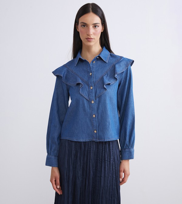 Washed Ruffle Detail Denim Shirt