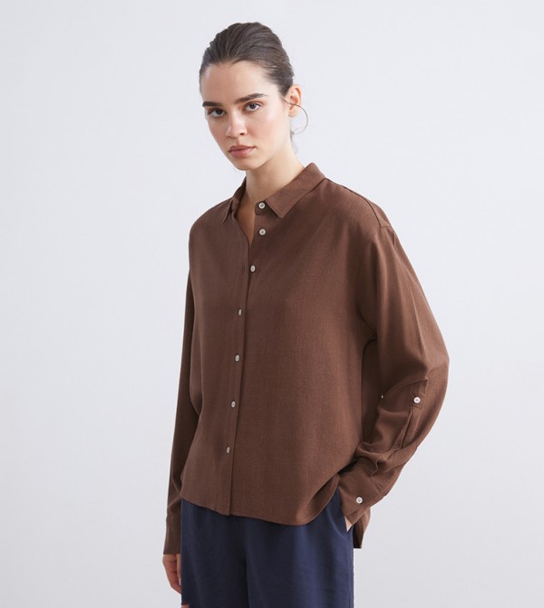 قميص مزيج لينن سادة كم طويل