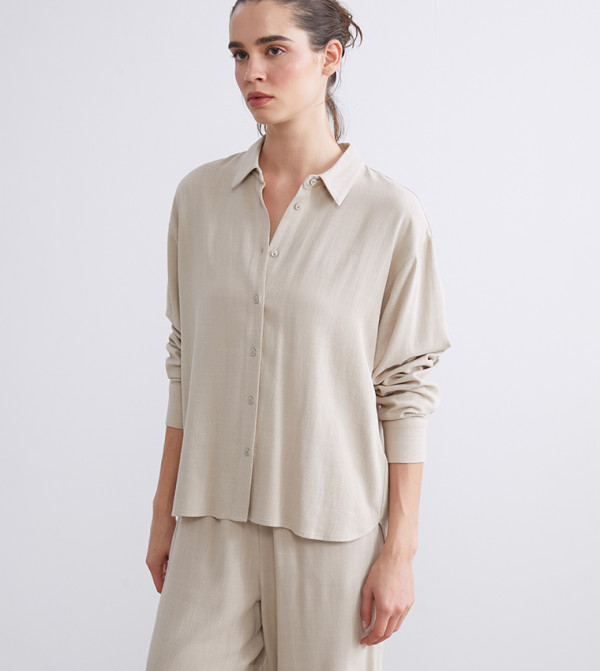 قميص مزيج لينن سادة كم طويل