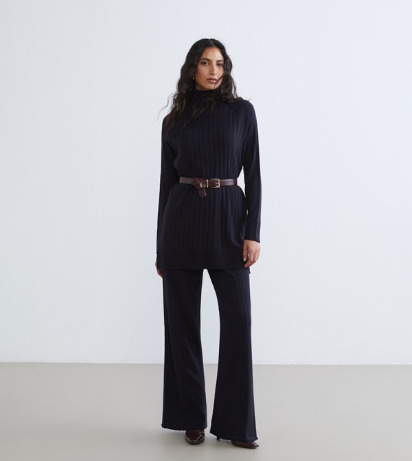Ribbed Elastic Waist Wide Leg Pants