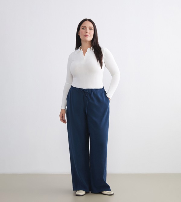 Solid Elastic Waist Modal Blend Trousers