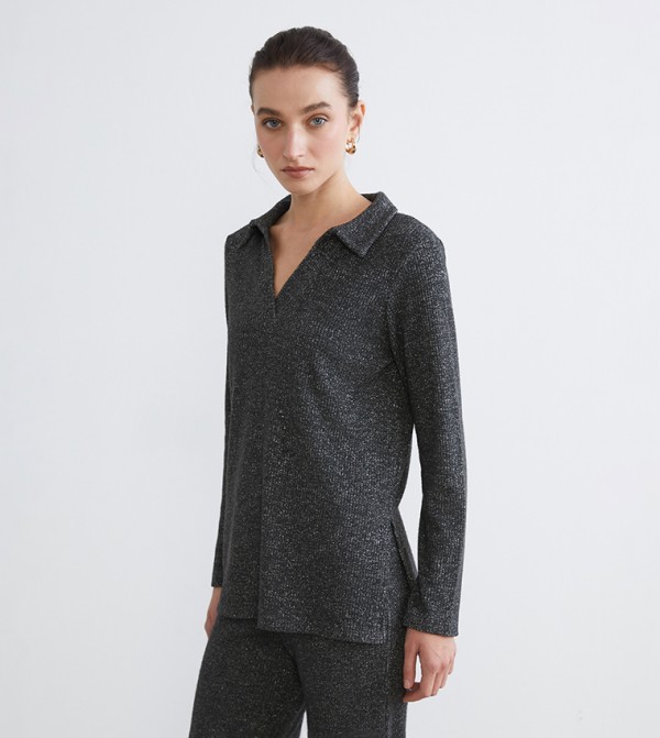 Shimmer Collared Long Sleeves Top
