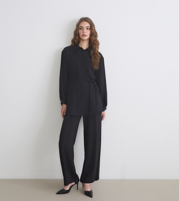 Textured Elastic Waist Wide Leg Trousers