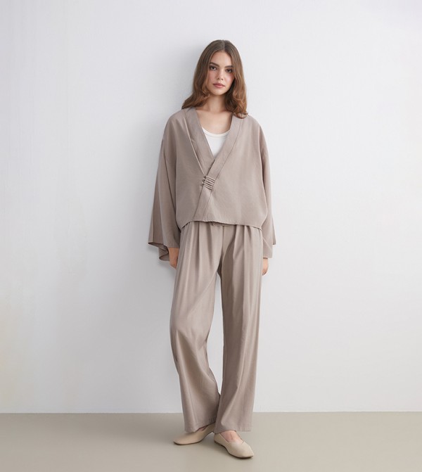 Textured Elastic Waist Wide Leg Trousers