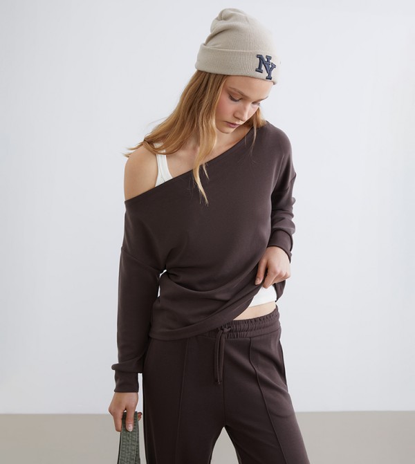 Solid Asymmetric Neck T-Shirt