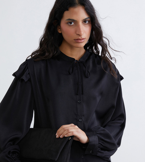 Solid Tie-Up Neck Long Sleeves Satin Top