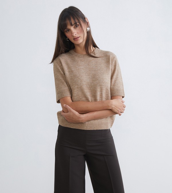 Ribbed Crew Neck Short Sleeves Sweater