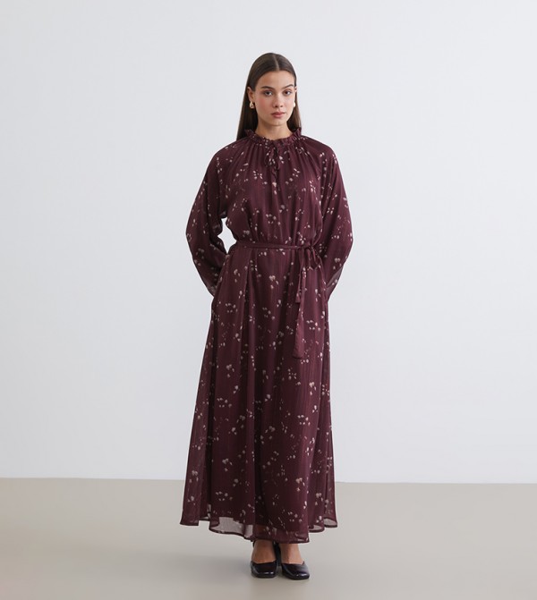 Patterned Fitted Waist Chiffon Maxi Dress