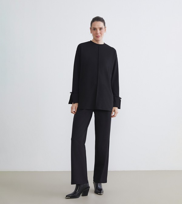 Solid Elastic Waist Wide Leg Pleated Trousers