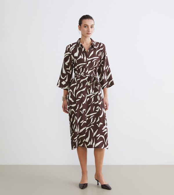 Patterned Belted Shirt Dress