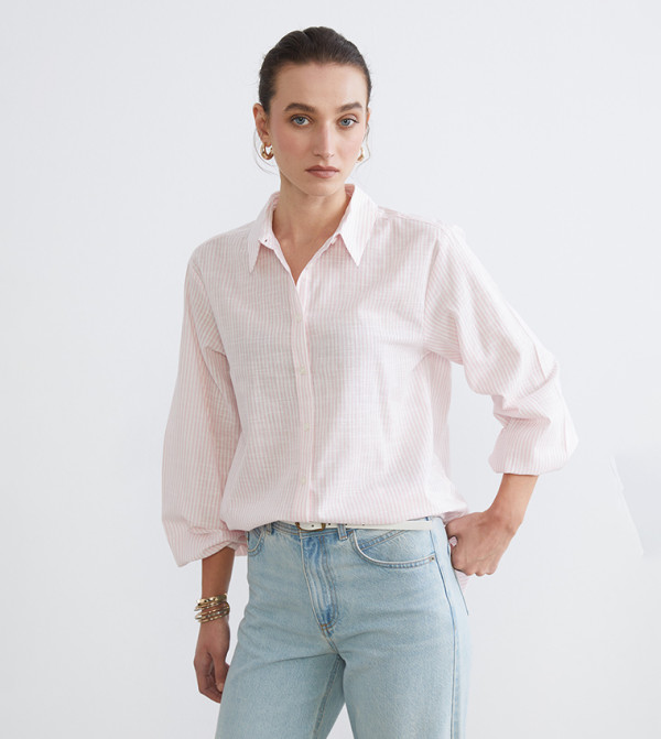 Striped Balloon Sleeves Poplin Shirt