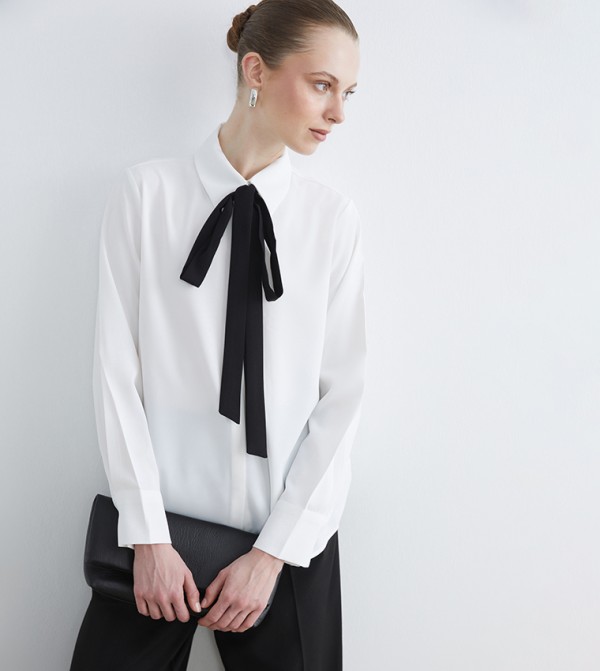 Solid Bow Detail Long Sleeves Shirt