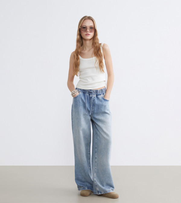 Faded Drawstring Waist Wide Leg Jeans