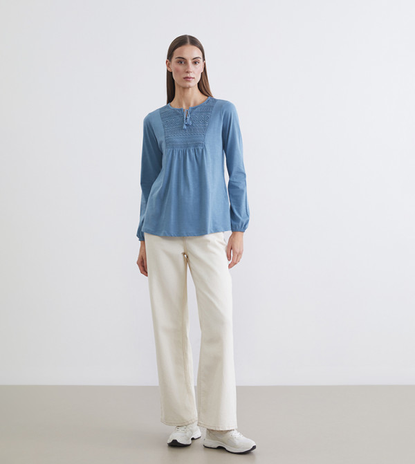 Embroidered Tie-Up Neck Long Sleeves Top