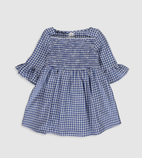Ladies LDC Checkered Color Block Crew Neck Short Sleeve Sweater-Light Blue