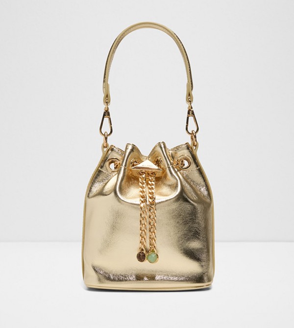LLUXEGEM Metallic Drawstring Bucket Bag
