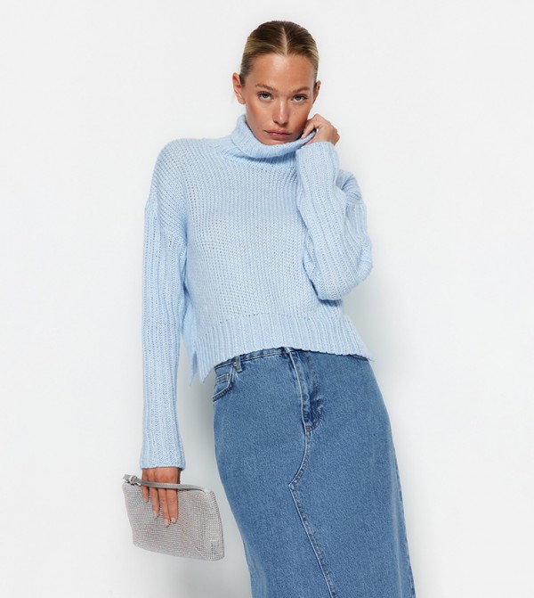 Buy Olalook Ribbed Turtleneck Long Sleeves Knitted Sweater In Blue