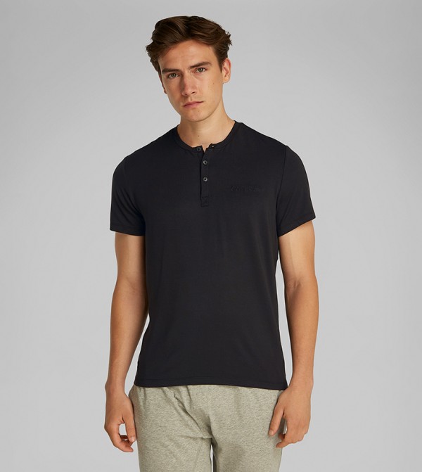 Logo Embroidered Henley Neck Sleep Top