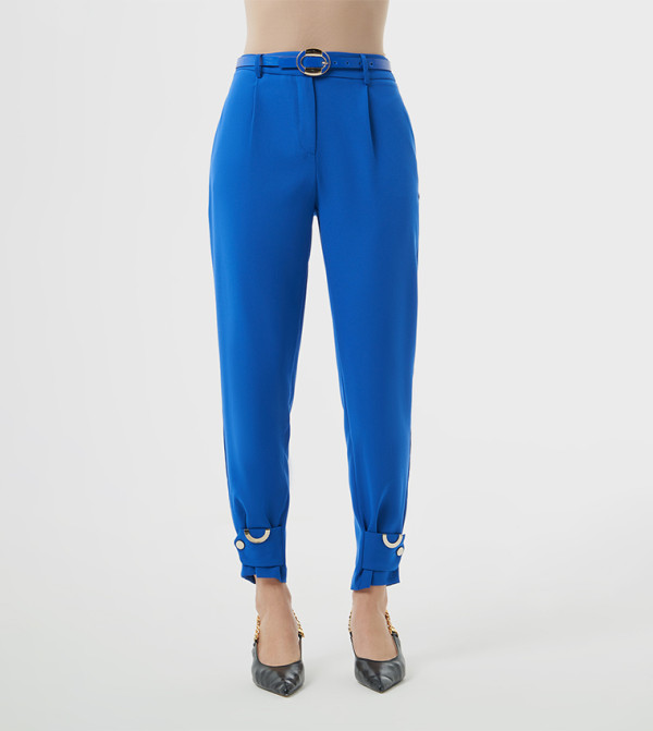 Solid Belted Tapered Fit Trousers