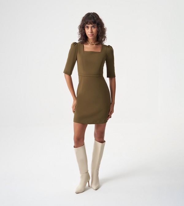 Square Neck Short Sleeves Mini Dress