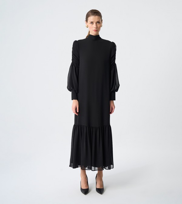 High Neck Bishop Sleeves Tiered Dress