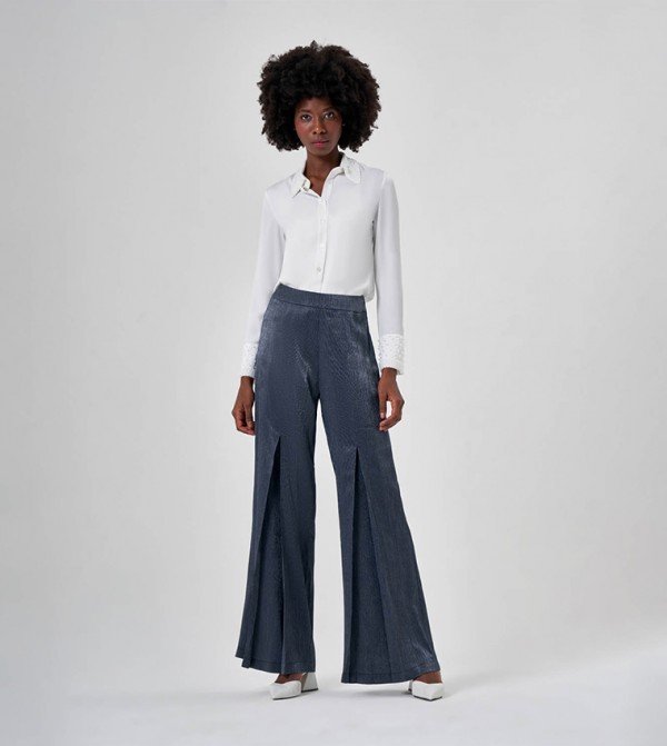 Glossy Pleated Detail Wide Leg Pants