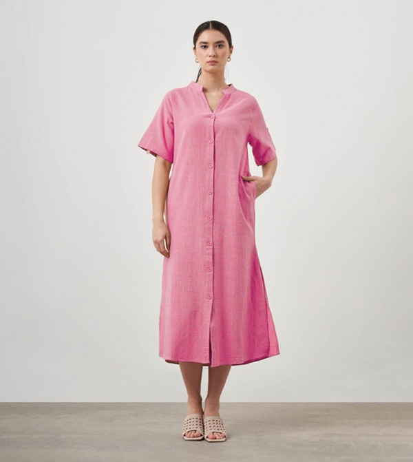 Textured V Neck Short Sleeves Midi Dress