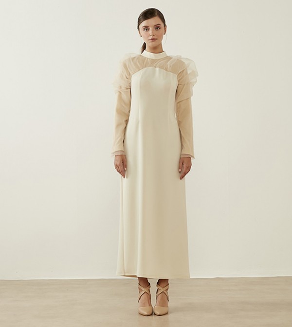 Solid Mutton Leg Sleeves Midi Dress
