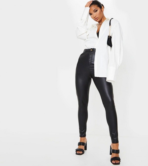 Button Up PU Skinny Fit Trousers