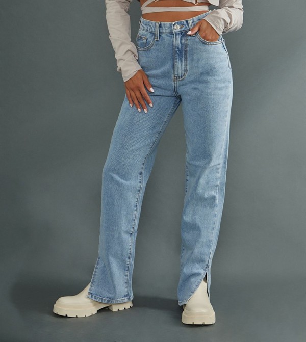 Petite Light Wash Split Hem Wide Leg Jeans