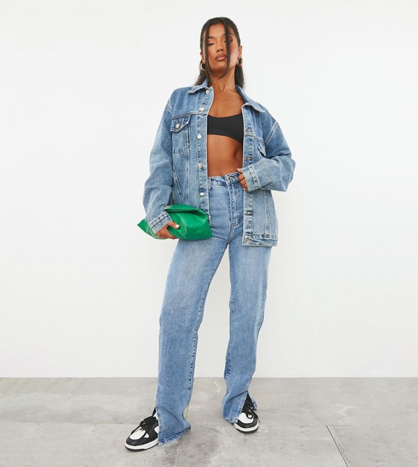Washed Split Hem Straight Fit Jeans