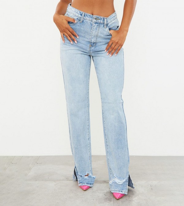 Washed Split Hem Straight Fit Jeans