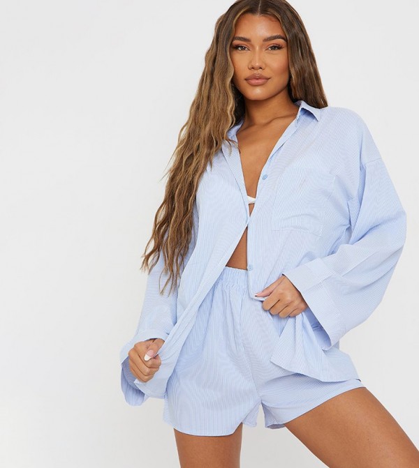 Pinstriped Woven Balloon Sleeves Oversized Shirt