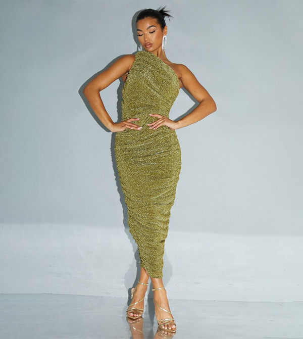 knee length dresses for ladies Glitter One-Shoulder Mini Dress Gold main image 1