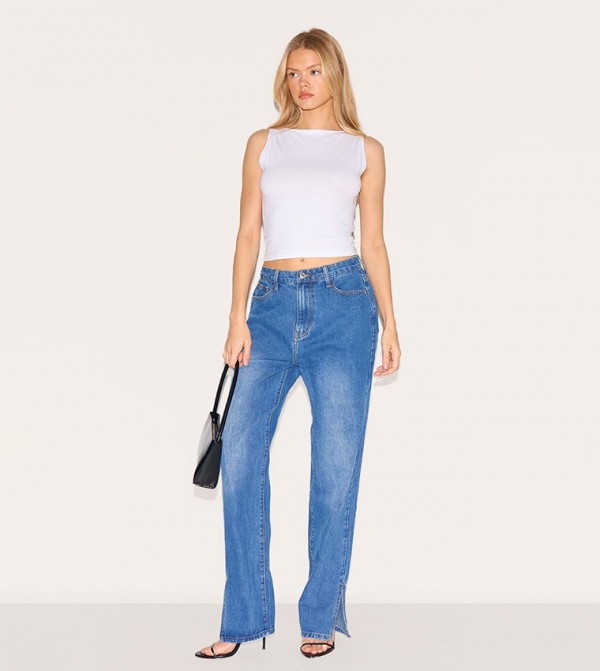 Washed L30 Split Hem Straight Fit Jeans