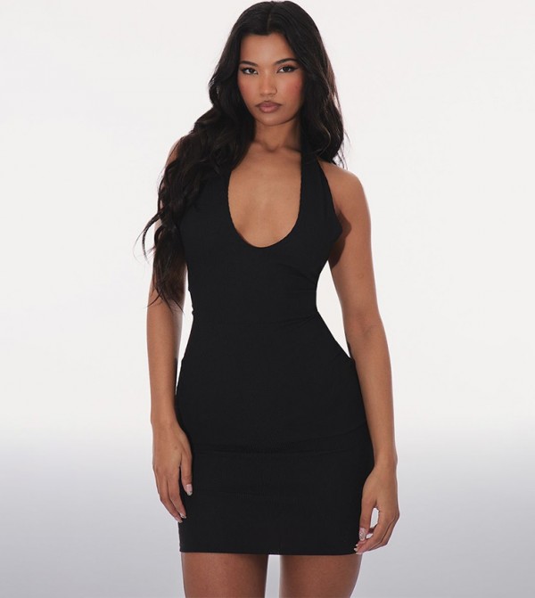 Ribbed Halterneck Tie Back Bodycon Mini Dress