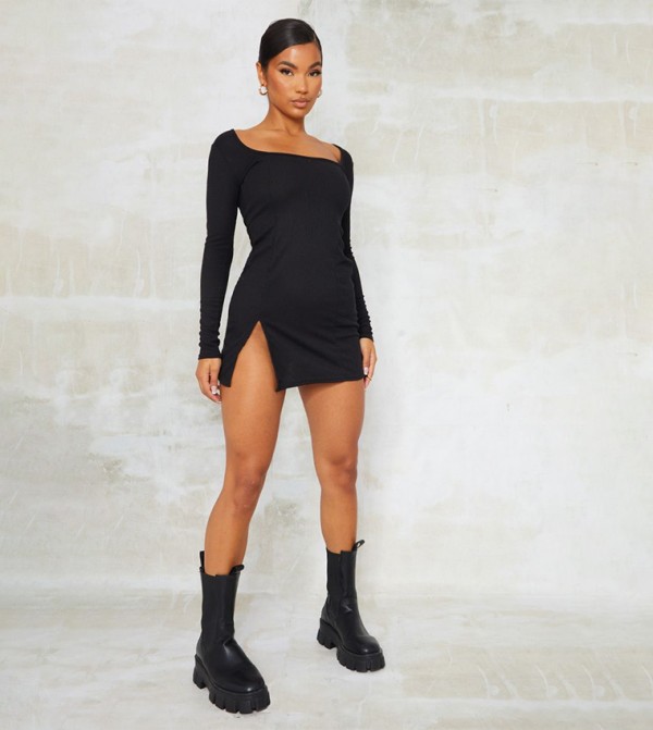 Ribbed Split Hem Long Sleeves Bodycon Mini Dress