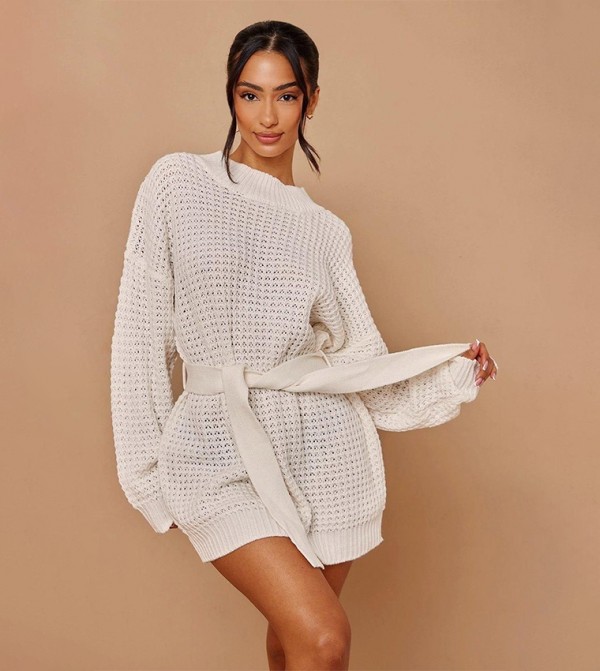 Petite Soft Touch Belted Knit Mini Sweater Dress