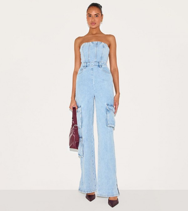 Washed Cargo Pocket Bandeau Denim Jumpsuit