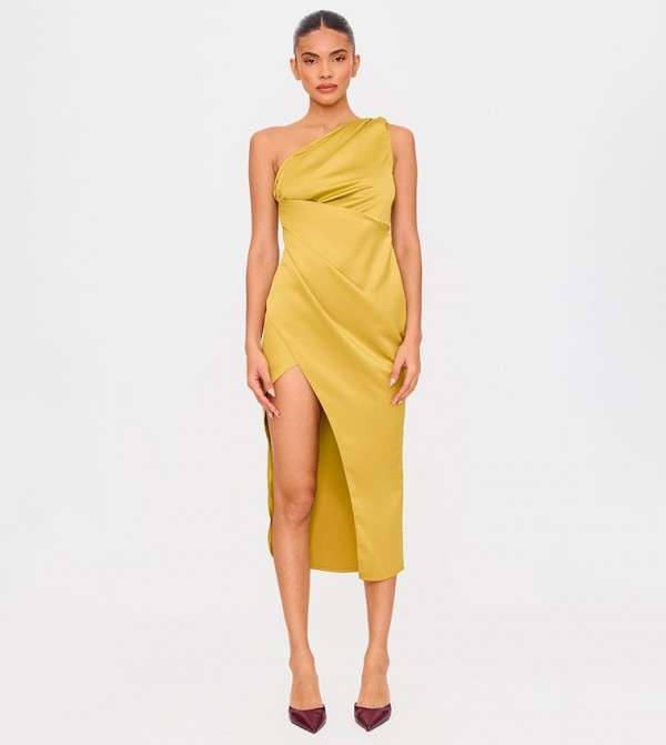 Satin One Shoulder Pleat Detail Midi Dress