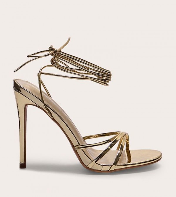 Metallic Round Toe Lace Up Heel Sandals