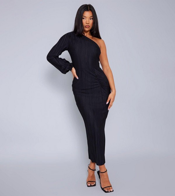 Plisse One Shoulder Ruched Midaxi Dress