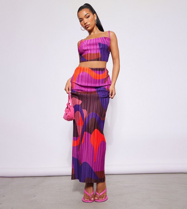 Printed Plisse Maxi Skirt