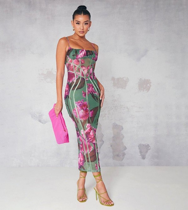 Floral Print Mesh Binding Detail Midaxi Dress
