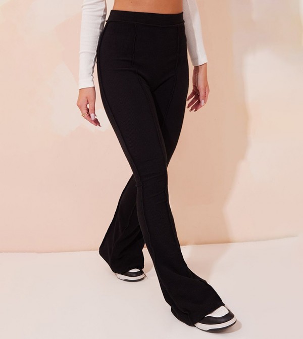 Ribbed High Waist Seam Detail Flared Trousers