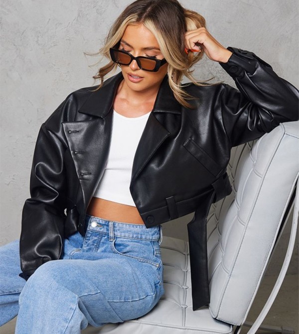 Belted Hem Crop Oversized Biker Jacket