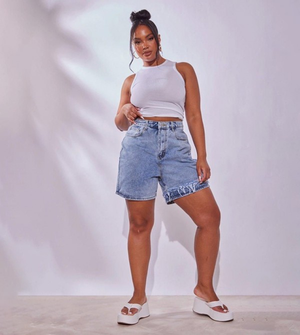 Curve Washed Distressed Denim Shorts